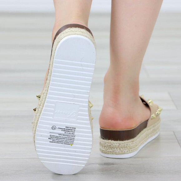 Beige Platform Sandals Gold Studded Slip On Braided Jute Sole Open Toe - Picture 7 of 12